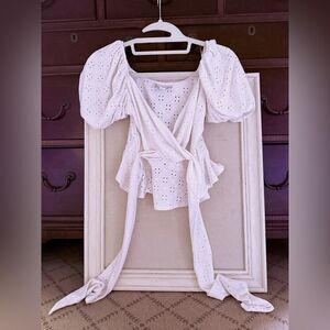 Topshop white eyelet crossover peplum top w puff sleeves 4